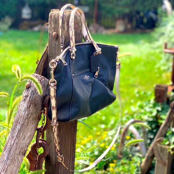 Coach black pebble leather & snakeskin Prairie satchel w/crossbody strap - Picture 1 of 16